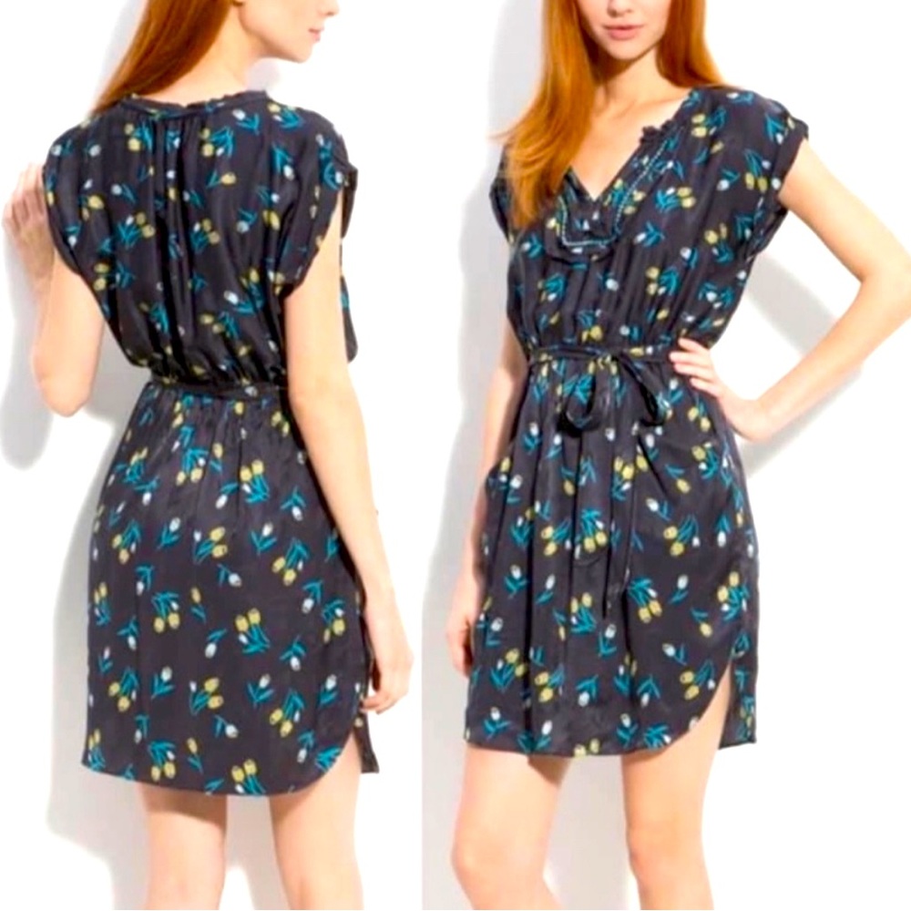 Rebecca Taylor Navy Floral Silk Tulip Print Beaded Summer Dress with pockets 4